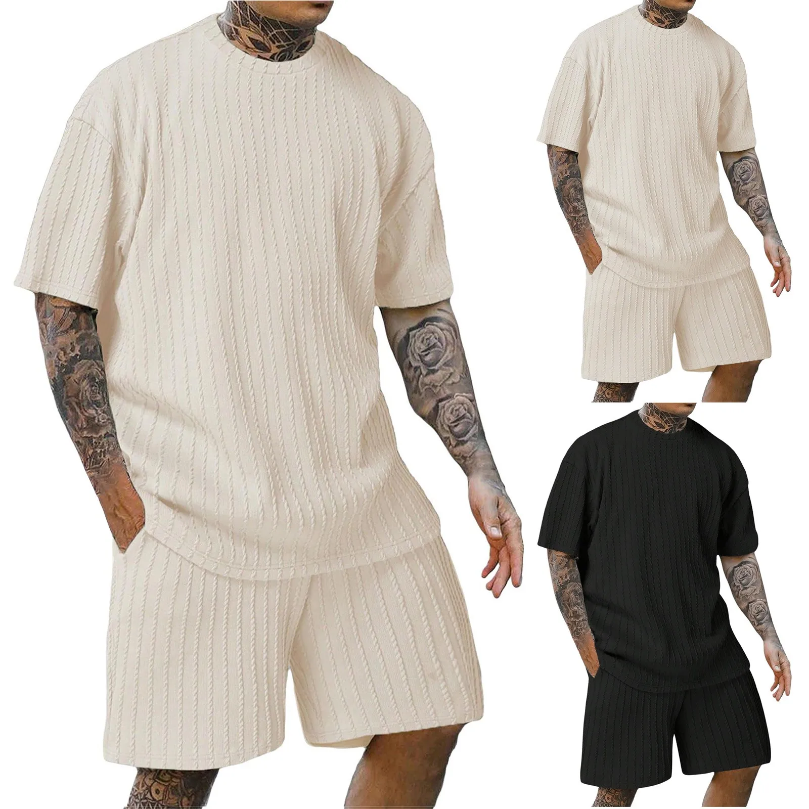 Man\'s Two Piece Summer Outfits Of Short Sleeve Crewneck T-Shirt And Drawstring Casual Track Shorts Fashion Solid Color Soft Suit