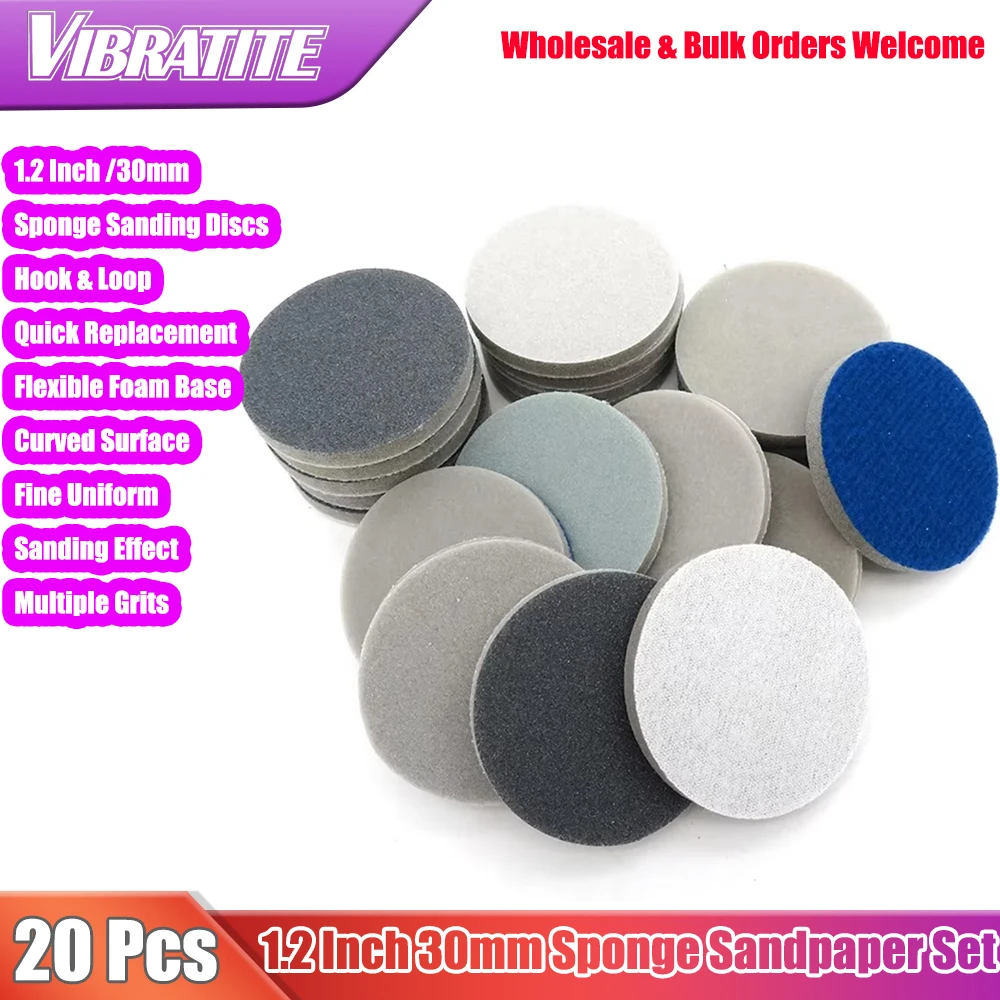 20Pcs 1.2 Inch 30mm Flocking Round Sanding Sponge Abrasive Sanding Disc Hook and Loop for Car Phone Polishing & Grinding