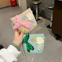 Summer Kids Straw Woven Messenger Bag Lovely Mermaid Small Coin Purse Handbags Mini Shoulder Bags Princess Wallet for Girls