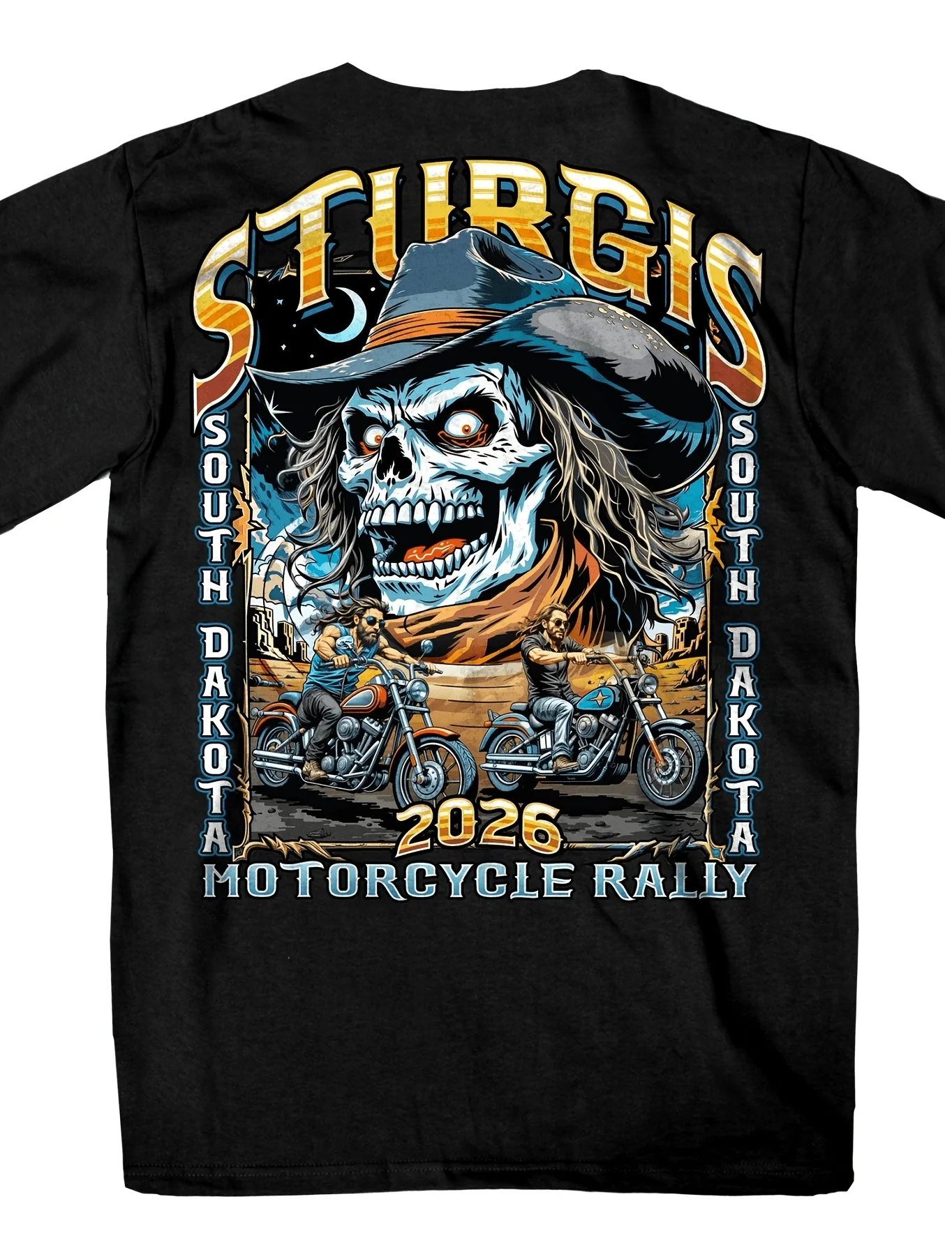 Men's Sturgis 2026 Motorcycle Rally T-Shirt - South Dakota Cowboy Skull & Biker Graphic Tee, Western Short Sleeve Crewneck Shirt for Motorcycle Events, Casual Wear, Biker Gifts Suitable for Casual Wear, Motorcycle Rallies, S-3XL (180G)