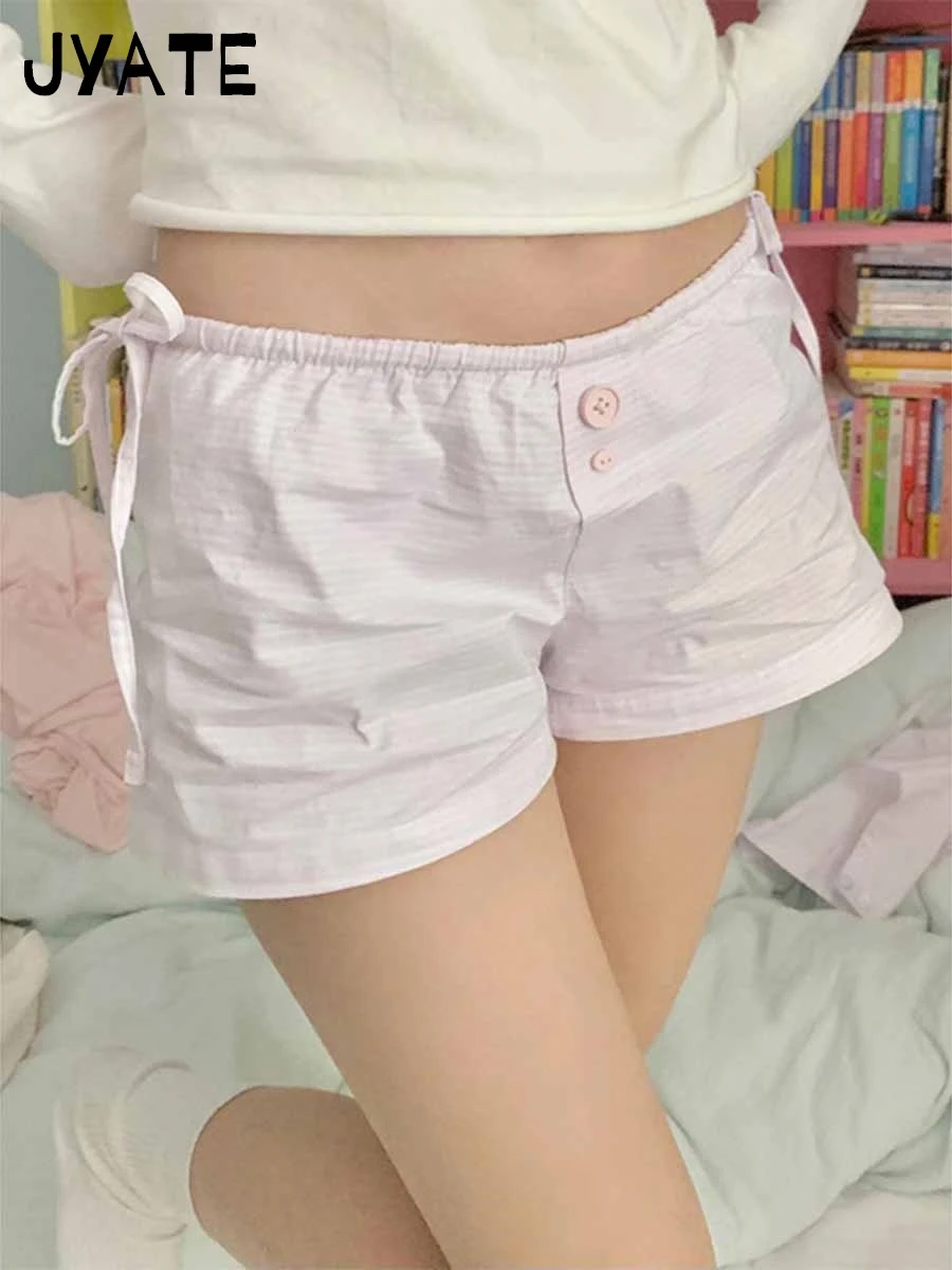 Sweet Cute Pink Striped Buttons Shorts Women Summer New Casual Lace-up High Waist Home Underwear Casual Vintage Y2K Short Pants