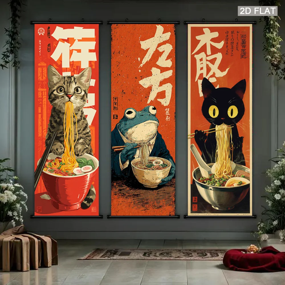 VIKAMA Funny Cat Ramen Noodles Wall Art Hanging Scroll Poster Vintage Japanese Canvas Painting for Kitchen Living Room Decor