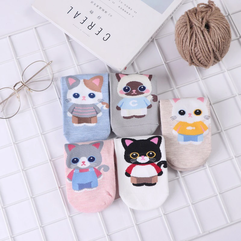 Calcetines tobilleros informales divertidos para mujer, medias cortas de tubo bajo, estilo Harajuku, con dibujos de animales, gato, Kawaii