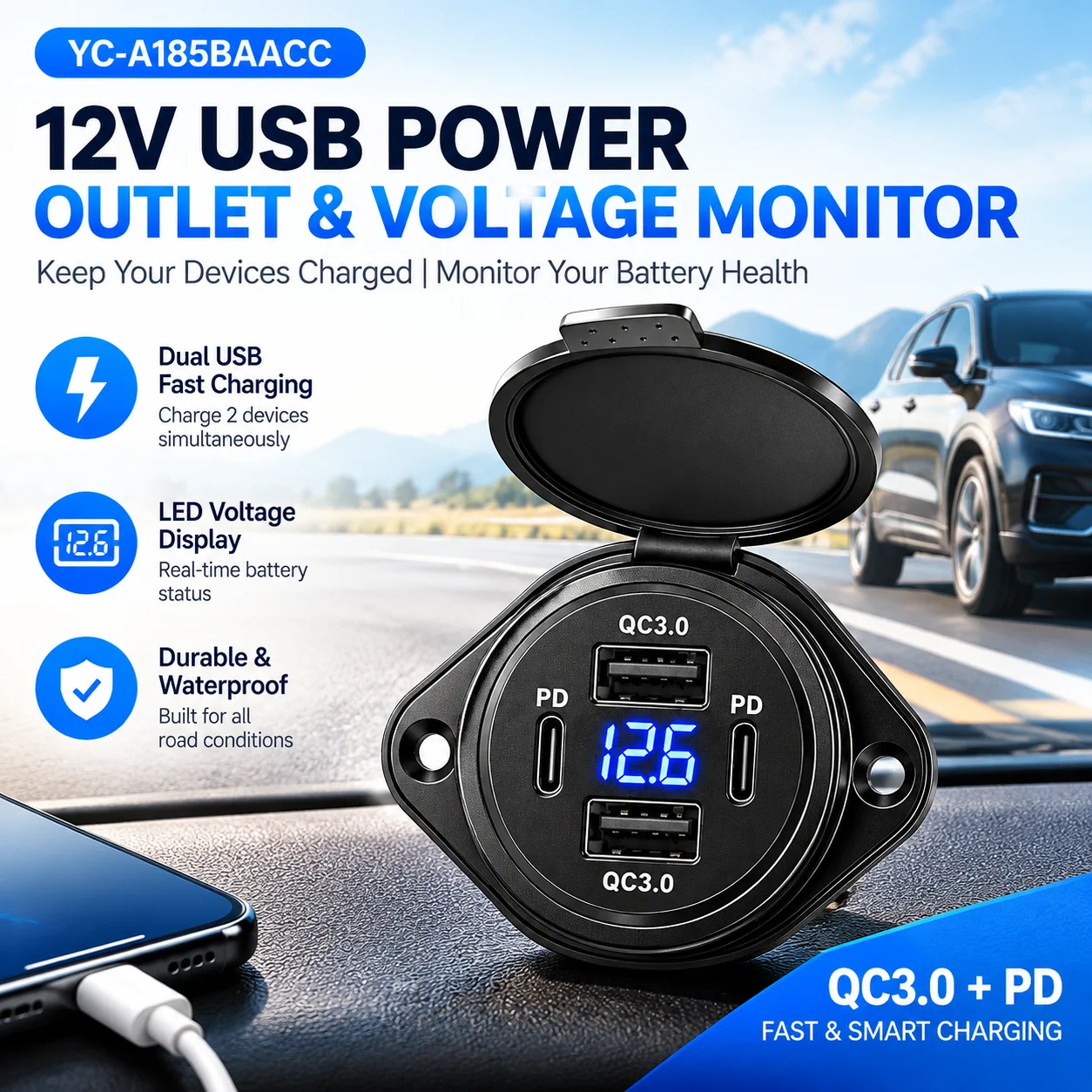 Car Charger Socket Dual USB QC3.0 PD Fast Charging Adapter Power Outlet with Sliding Cap LED Voltmeter Waterproof for Car Truck