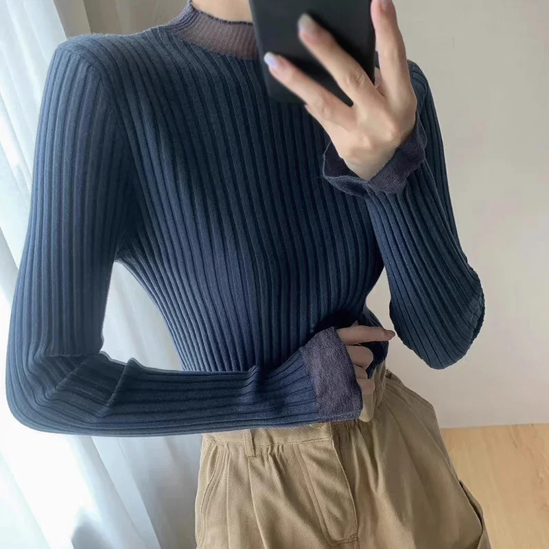 Women Pullover Spring Autumn Solid Color Semi-turtleneck Mesh Panel Slim Versatile Knitted Long-sleeved Sweater