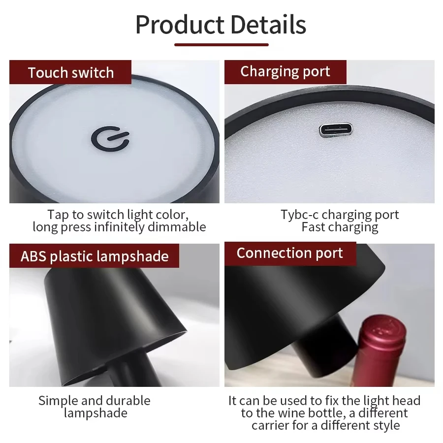 Wireless Bottle Lamp USB Rechargeable Touch Control Table Lamp 3 Colors Stepless Dimming Night Lamp For Bars Wine Bottles Decor