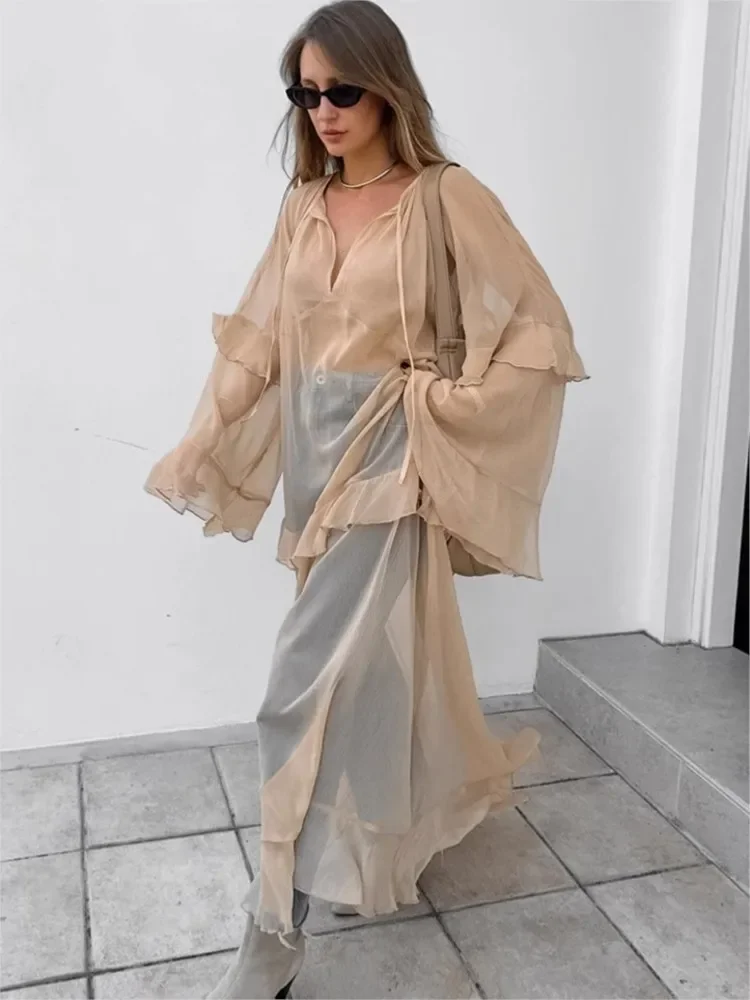 

Fashion Ruffle Edge Dress Women Summer 2025 New Khaki Batwing Sleeve Loose Sun Protection Cover Long Dresses Female High Street