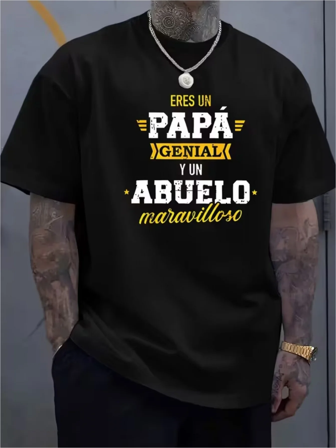 Men's Printed T-Shirt with Dual Identity Text Elements for Dad and Grandfather, Everyday Comfortable Breathable Casual T-Shirt