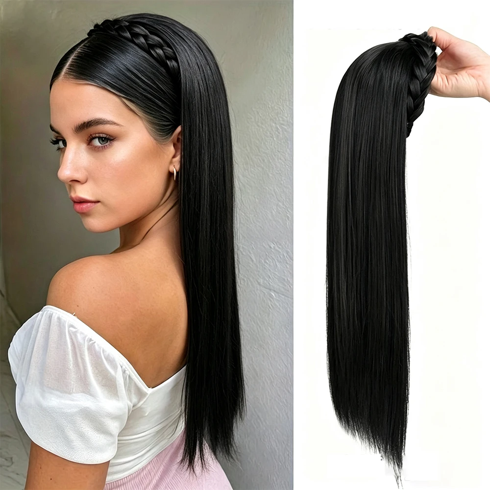 28inch Synthetic Long Straight Headband Wig For Women With Braided Hairband Extension Hairpiece Heat resistant Half Wig