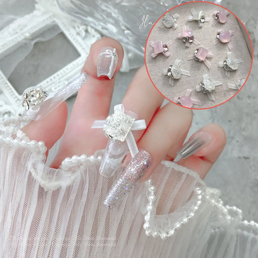 

5pcs Organza Butterfly Nail Art Charm 3D Bow Pink Pigeon Egg Diamond Nail Decoration DIY Transparent European Nail Accessories