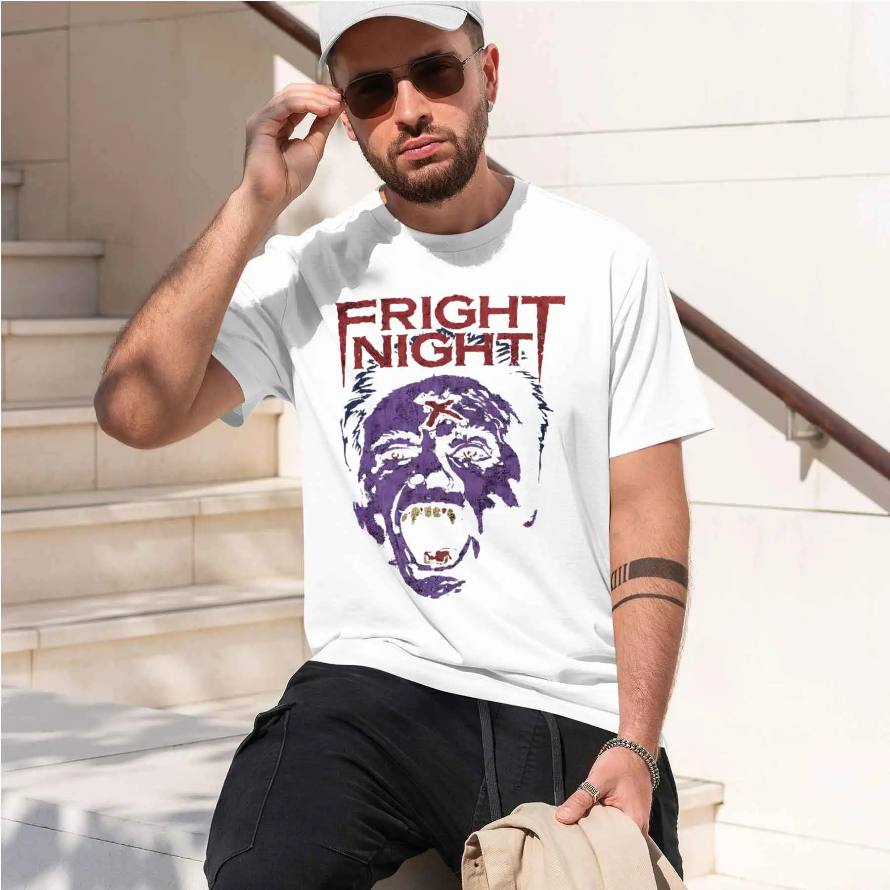 new printed T-shirt Men's Vintage Fright Night Horror Movie T-shirt Distressed Vampire Print Casual Short Sleeve Top