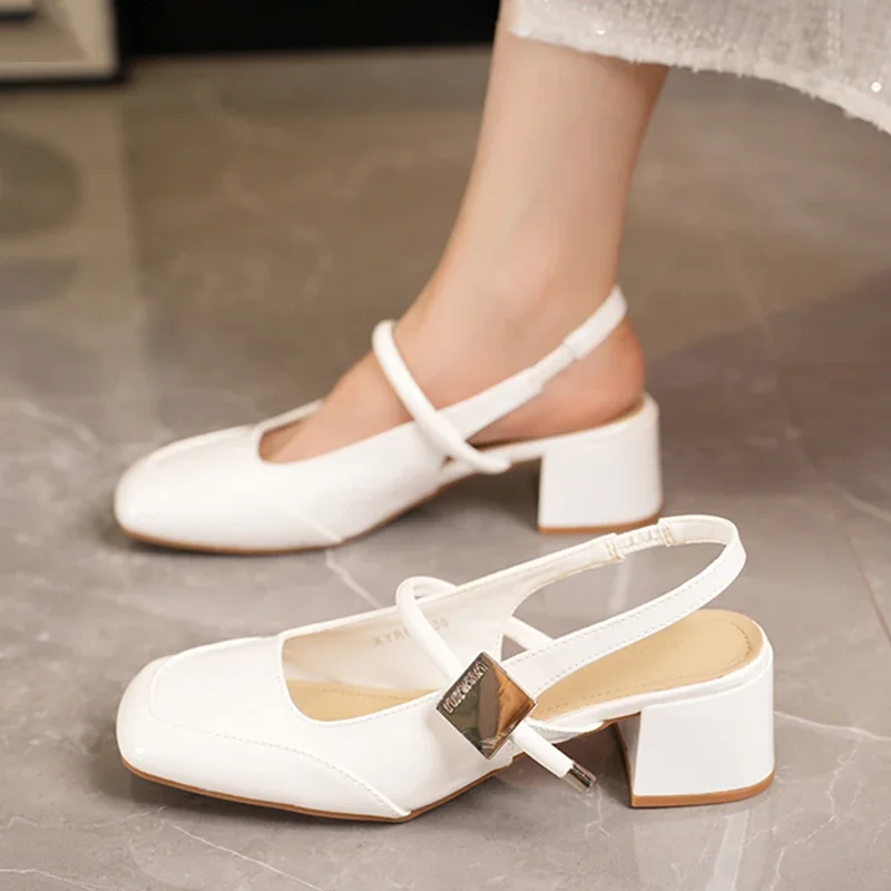 Block Heels Closed Toe Sandals Mary Jane Summer Woman Pumps Female Shoe Chunky Open Square Girls Retro Leather High Scandals