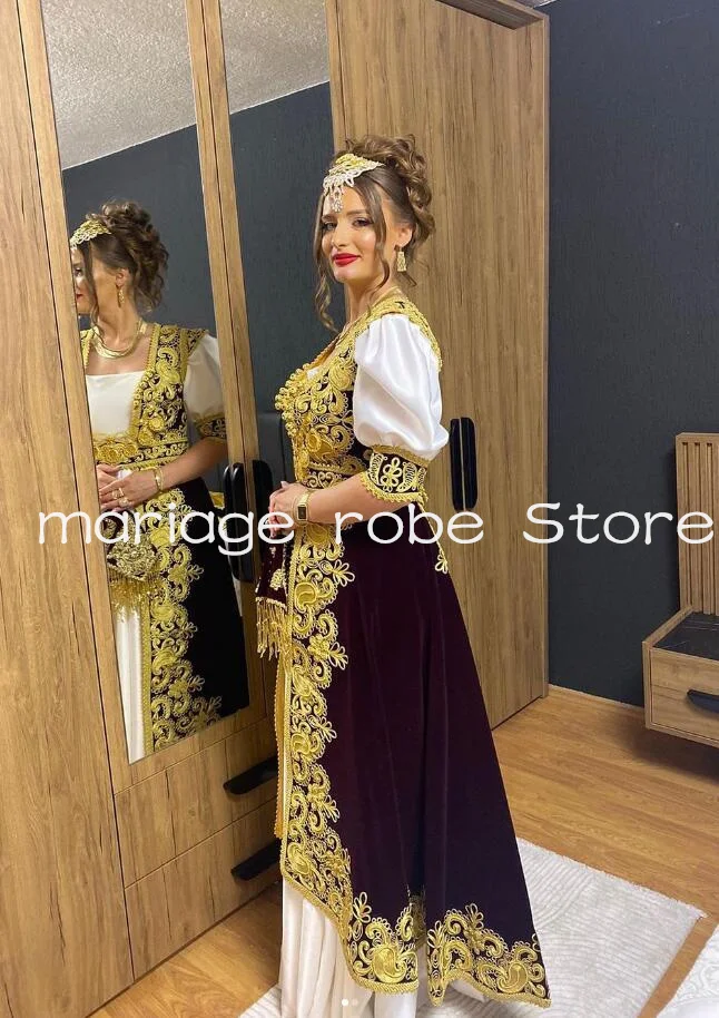 Burgundy Velvet Arabic Morocca Evening Dresses Two Pieces Gold Applique 2025 Kosovo Albanian Caftan Mariee Prom Gown Outfit