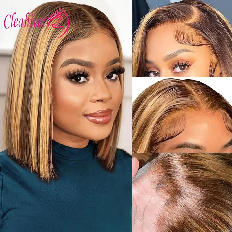 

180% Density Highlight Wig Straight Short Bob Wigs 4/27 Ombre Human Hair Wigs 13X4 Lace Frontal Wig Pre-Plucked Brazilian Remy