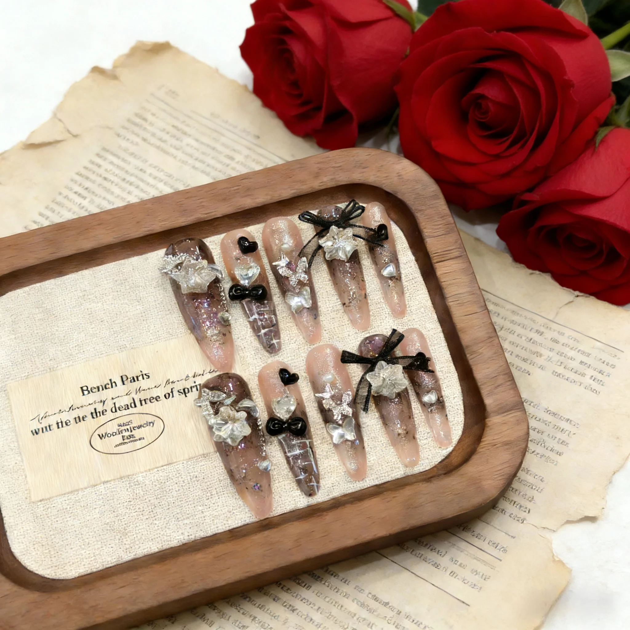 

10PC Dark Maillard Style Press on Fake Nails Luxurious Crystal&Bowknot Decor Full Cover False Nail Tips For Spice Girls Wearable