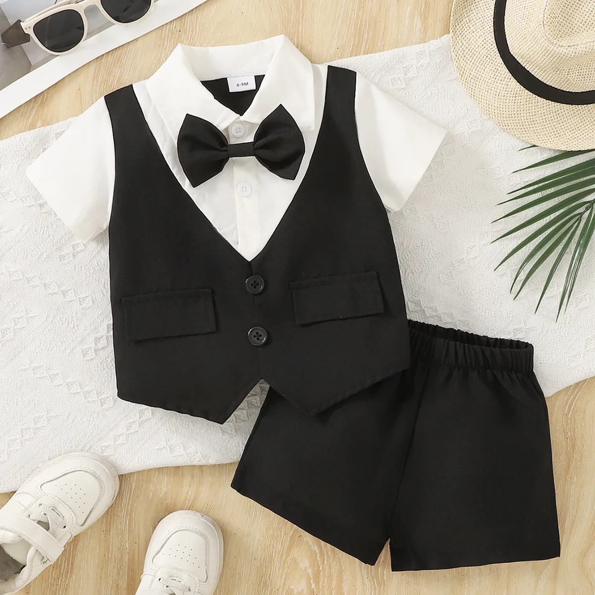 Newborn Baby Boys 2Pcs Gentleman Outfit Set Fake Vest Short Sleeve Shirt + Shorts Bow Tie Formal Wedding Birthday Party Costume