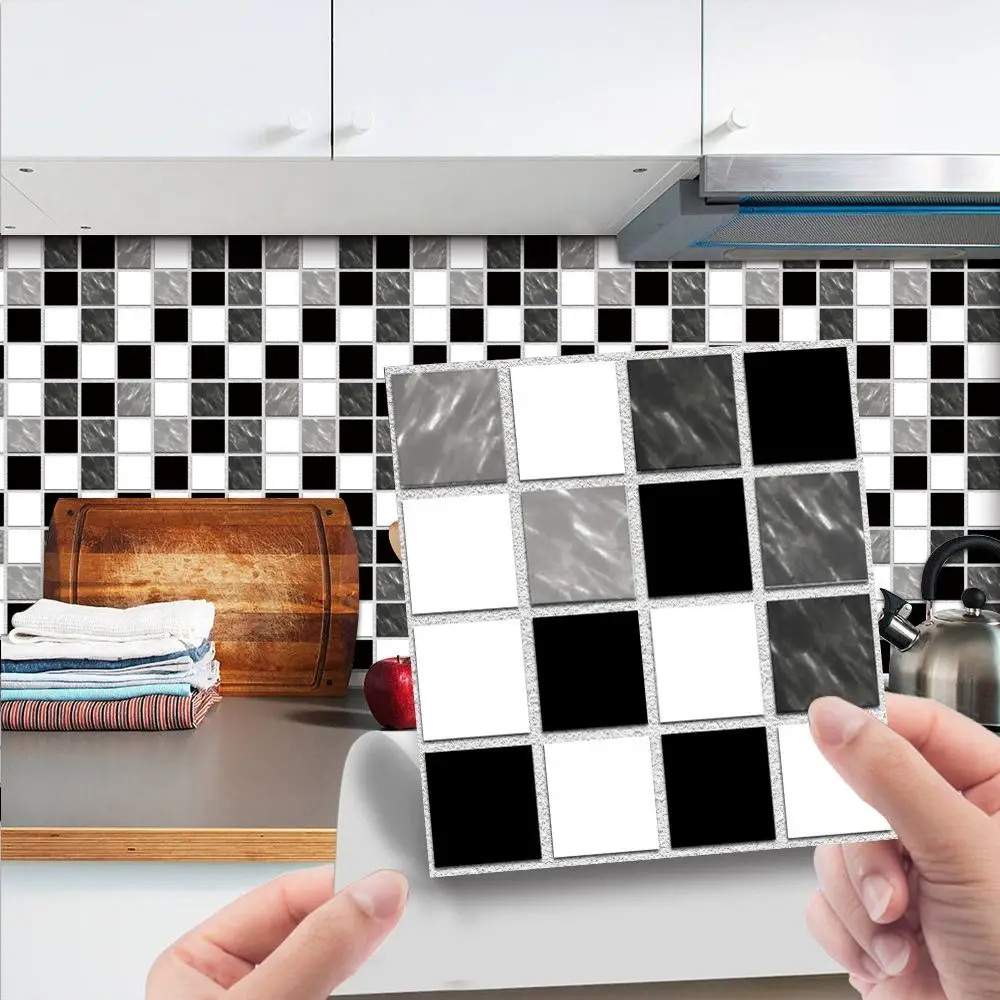 10PCS 10x10cm Self-adhesive Tile Stickers DIY 3D Effect Mosaic Sticker PVC Removable Wall Decal Kitchen Bathroom Decor