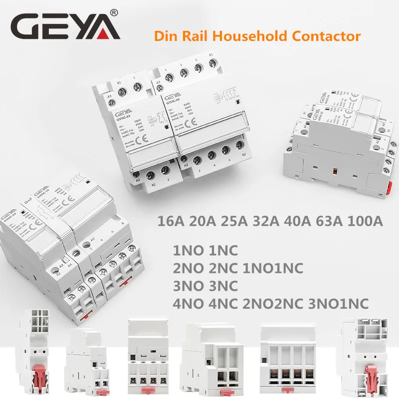 GEYA Din Rail Modular Contactor AC220V 2P 16A 20A 25A 2NC 2NO 1NO1NC 50/60Hz