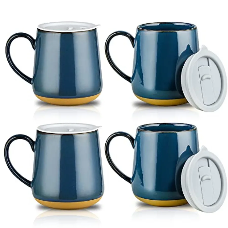 

Farmhouse Style Ceramic Mug Set of 4 17oz with Lid Large Handle for Coffee Tea and More