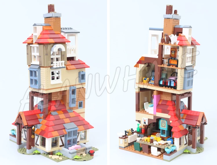 1079pcs Magical World of Wizards 4-floor Attack on The Burrow Fire Battle 11572 Model Building Blocks Toy Compatible With Bricks