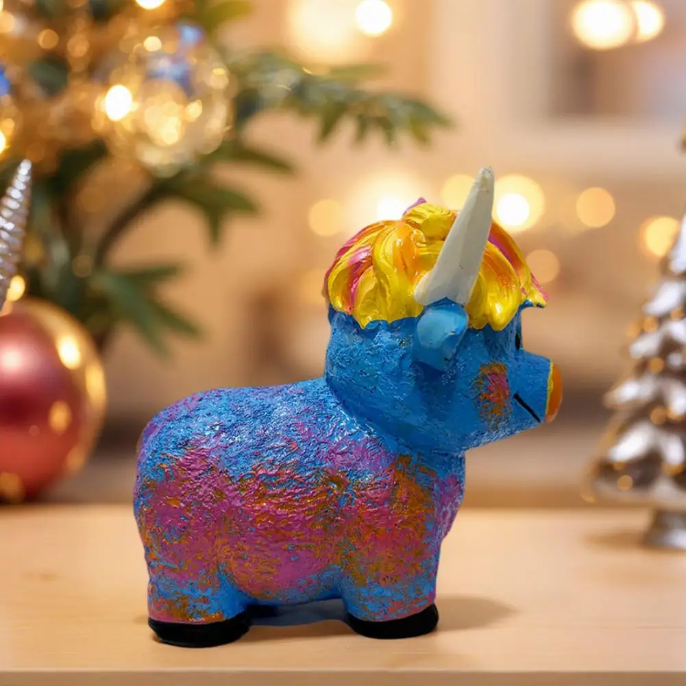 Handmade Highland Cow Decoration Hand-painted Highland Cow Figurine Resin Miniature Ornament Multicolor Cattle for Farmhouse
