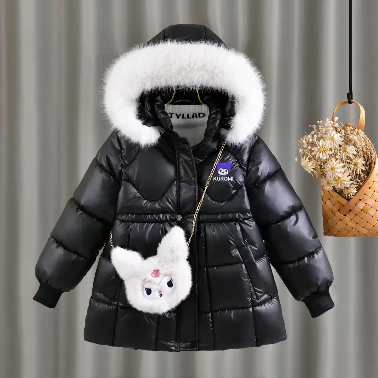 Sanrio Kuromi Girls down Jacket 2024 Winter 4-8 Years Kids Plus Velvet Warm Windbreaker Coats Children\'s Hooded Parkas Outerwear