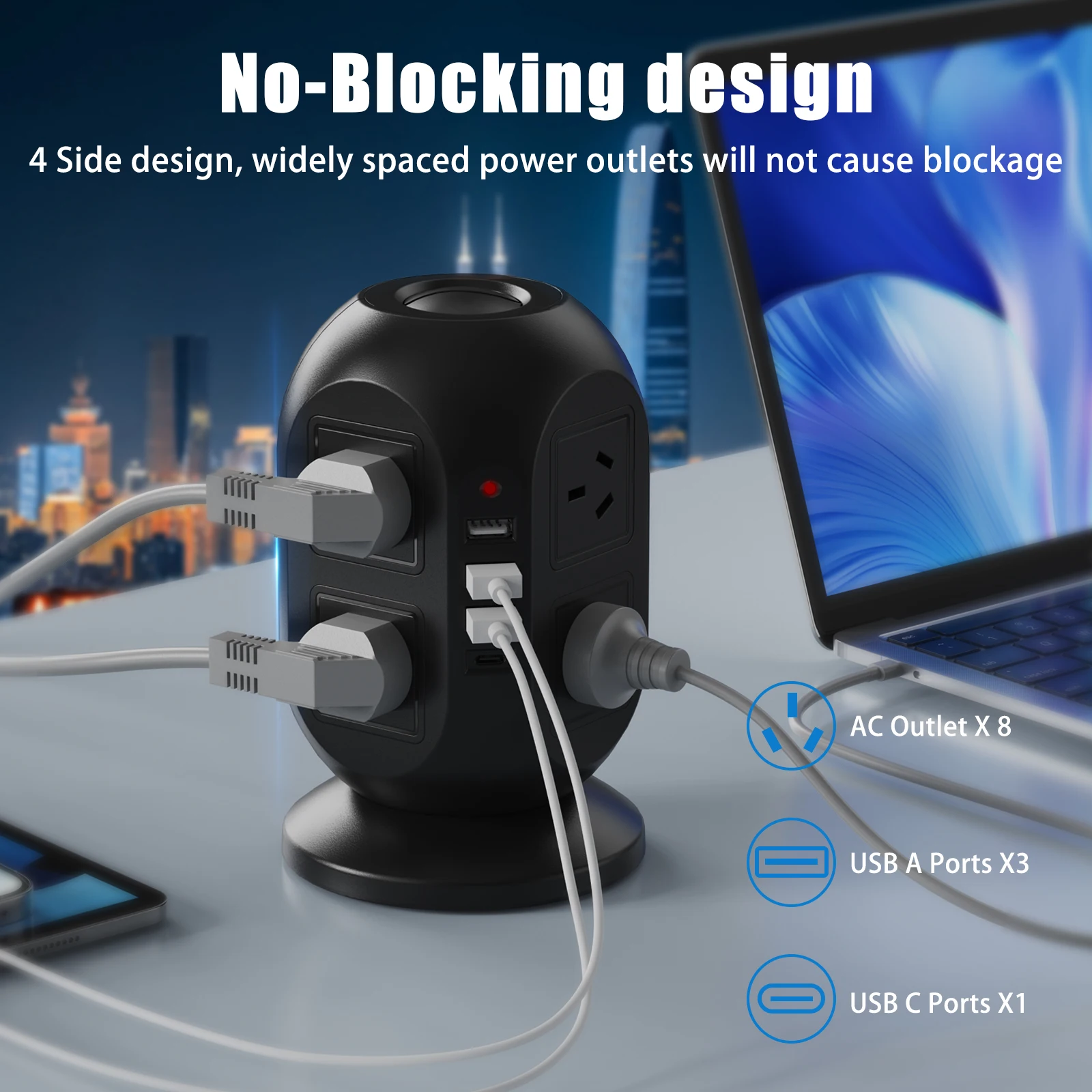 8 Outlet Power Board Tower Surge Protection with 3 USB and 1 Type C Ports, 2 Switch, 2m Extension Cord for Office Home
