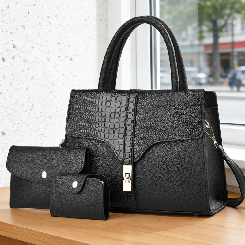 Product Title 3-piece women's bag set, Elegant bags, crocodile pattern ladies handbag with premium texture, stylish and casual view 6