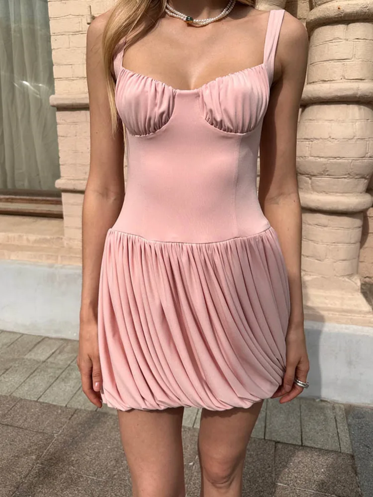 

Blifanbo Spaghetti Strap Sexy Mini Dress Women Pleated Elegant High Waist Backless Sleeveless Fashion A-line Holiday Party Dress