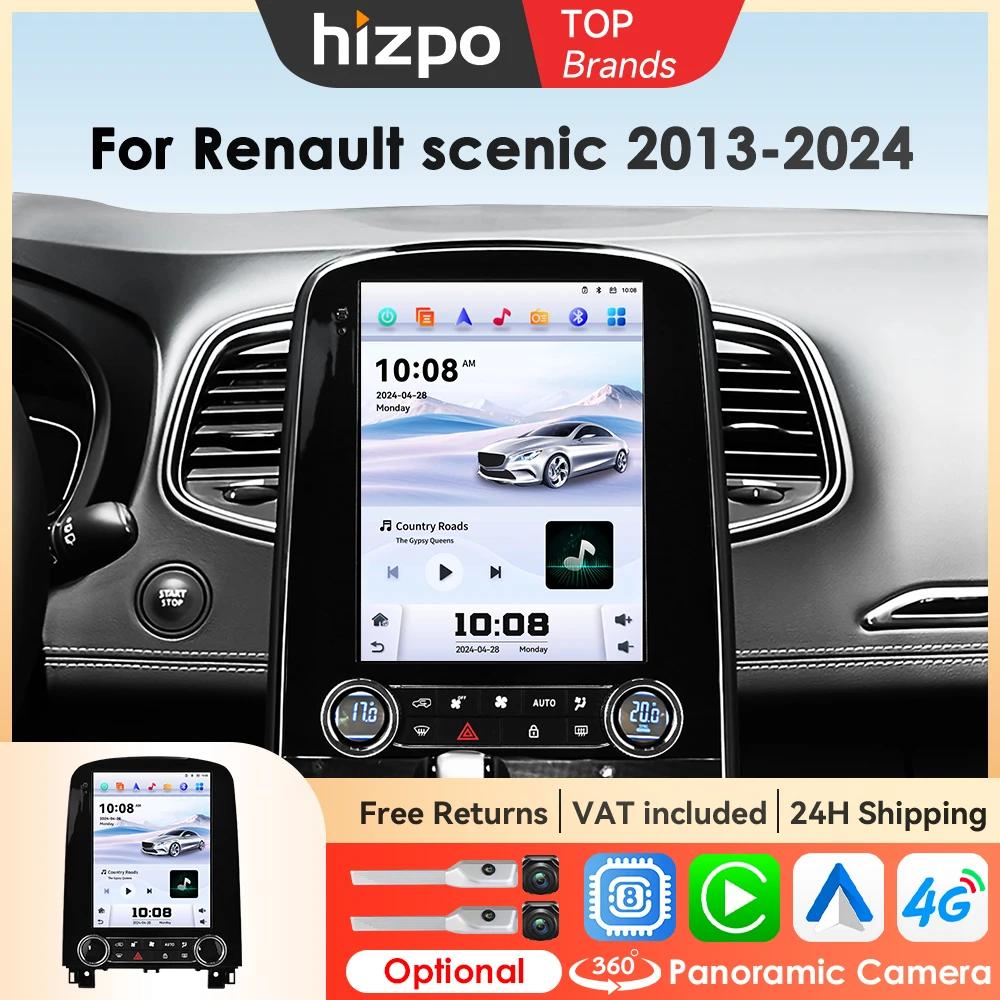 Hizpo Écran de navigation pour voiture de 9,7 pouces pour Renault Scenic 2013 - 2024 Lecteur multimédia vidéo GPS Carplay Android Auto Caméra 360°
