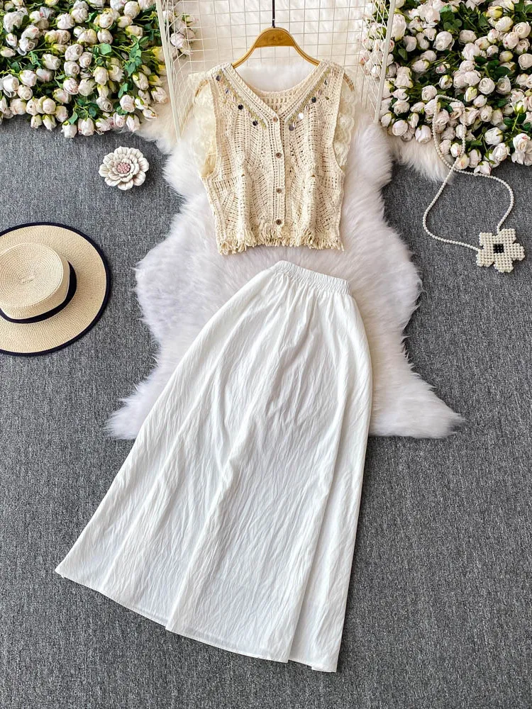 

Sweet Tassel V-ne Splice Lace ort Knitted Top High Waist Color Skirt Two-piece Set Faionable Ensemble