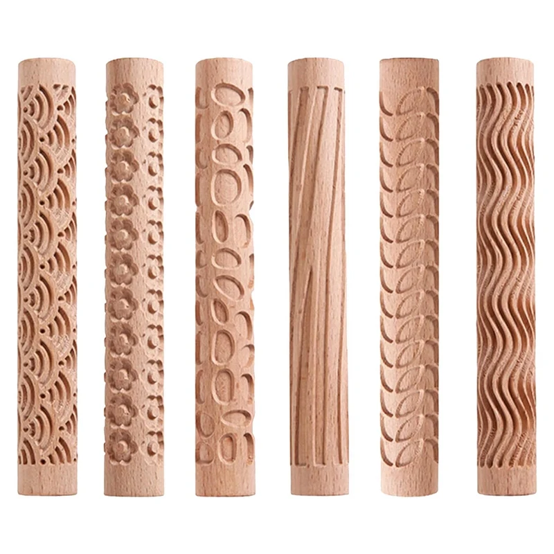 6 PCS Clay Modeling Pattern Rollers, Texture Rollers Wood Color For Clay Wooden Handle Pottery Tools Stars Wood Wave