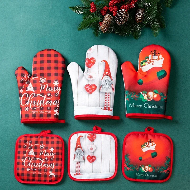 Christmas Man Oven Gloves Coaster Mat Cartoon Figures Kitchen Baking Microwave Accessories Anti-scald Insulation Winter Gifts