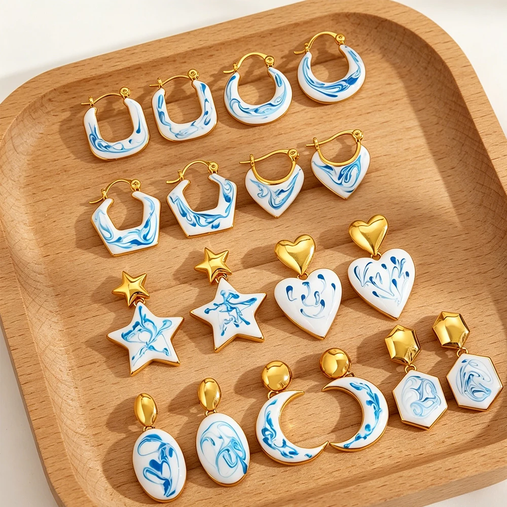 Blue Geometric Star Moon  Earrings Vintage Creative Flower Oil Dripping Blue and White Porcelain Stainless Steel Jewelry Gift
