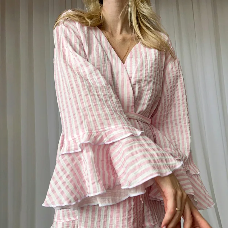 2026 New Women's European American Spring Summer Pajamas  Double Layer Crepe Cotton Ruffle Edge Nightgown Skin Friendly Comfort