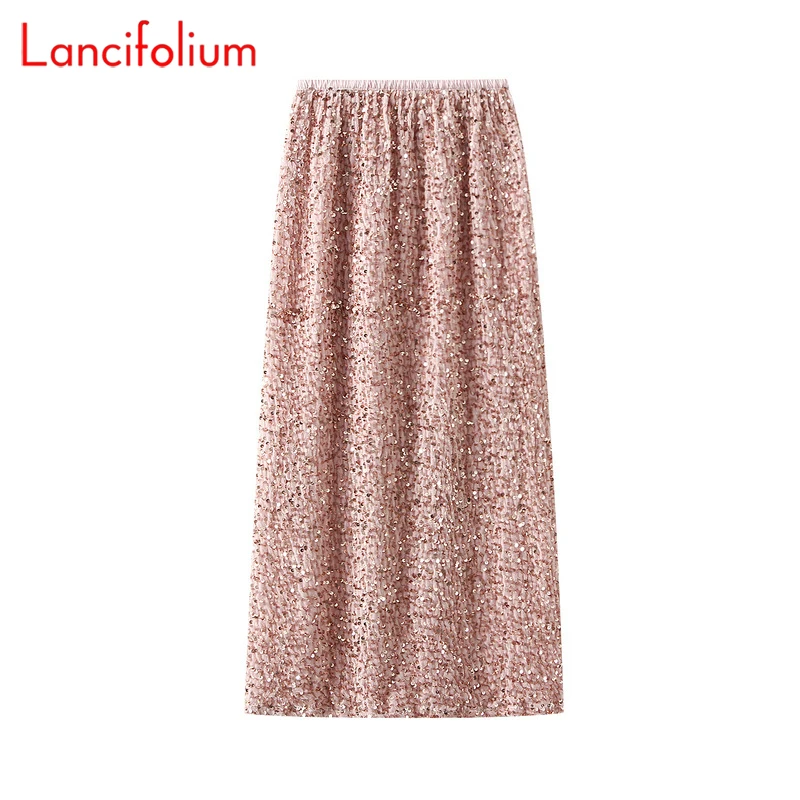 Jupe mi-longue à paillettes pour scène d'été et d'automne, jupe à jambe droite fendue au dos pour femmes, jupes crayon moulantes à taille élastique Vintage noires