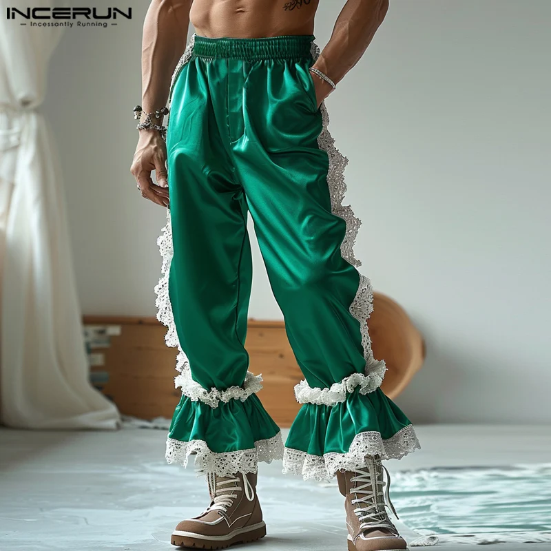 INCERUN 2024 American Style Pantalons Men's Fashion Satin Lace Splicing Design Pant Casual Clubwear Hot Sale Male Trousers S-5XL