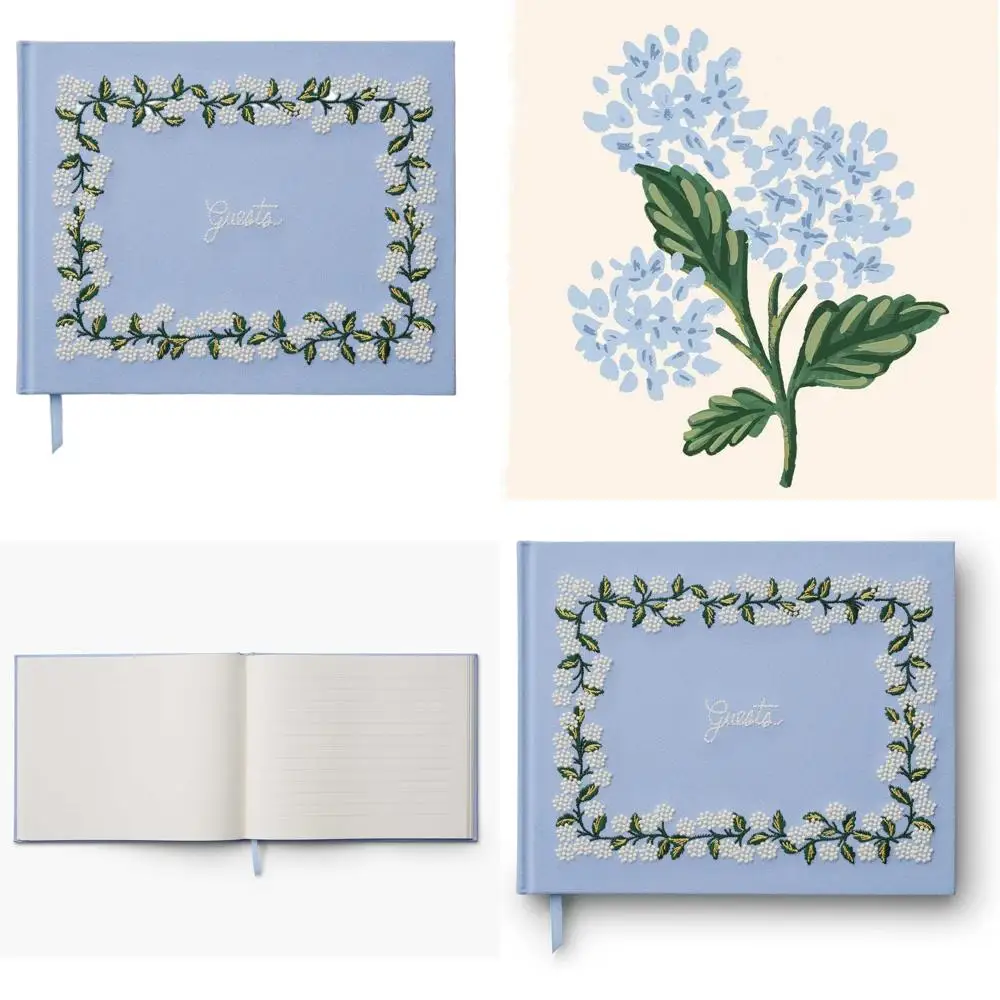 

Гостевая книга с вышивкой гортензии в твердом переплете и лентой, 144 страницы в подкладке из золотых чернил, 10,25x8,25