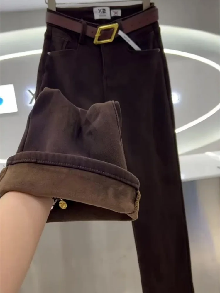 

Большие размеры Fce Lined Thi Джинсовые брюки Женские зимние новые брюки с высокой талией Прямые широкие брюки Повседневная износостойкая