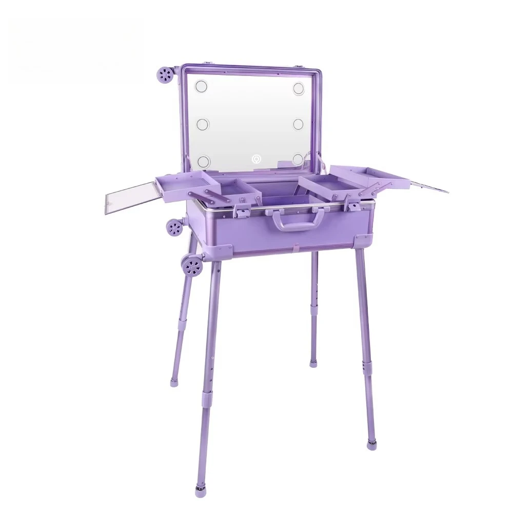 58*40*23cm Luxury Rolling Cosmetic Box Lighted Train Makeup Case Mirror Candy Hide Feet Expandable Studio Makeup Container