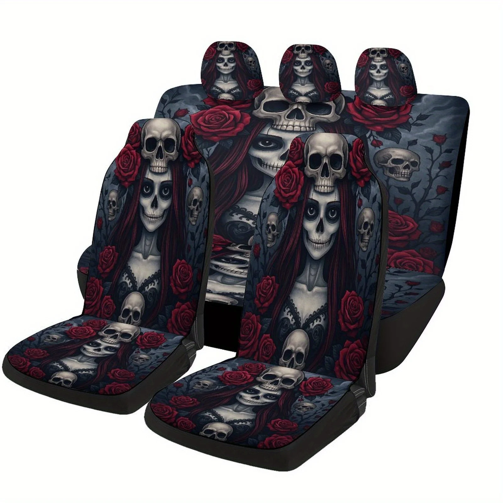 

Skull And Roses Designed Car Seat Cover Set For Most Cars, Trendy Novelty High-quality Car Seat Protector Covers Full Set, Unive
