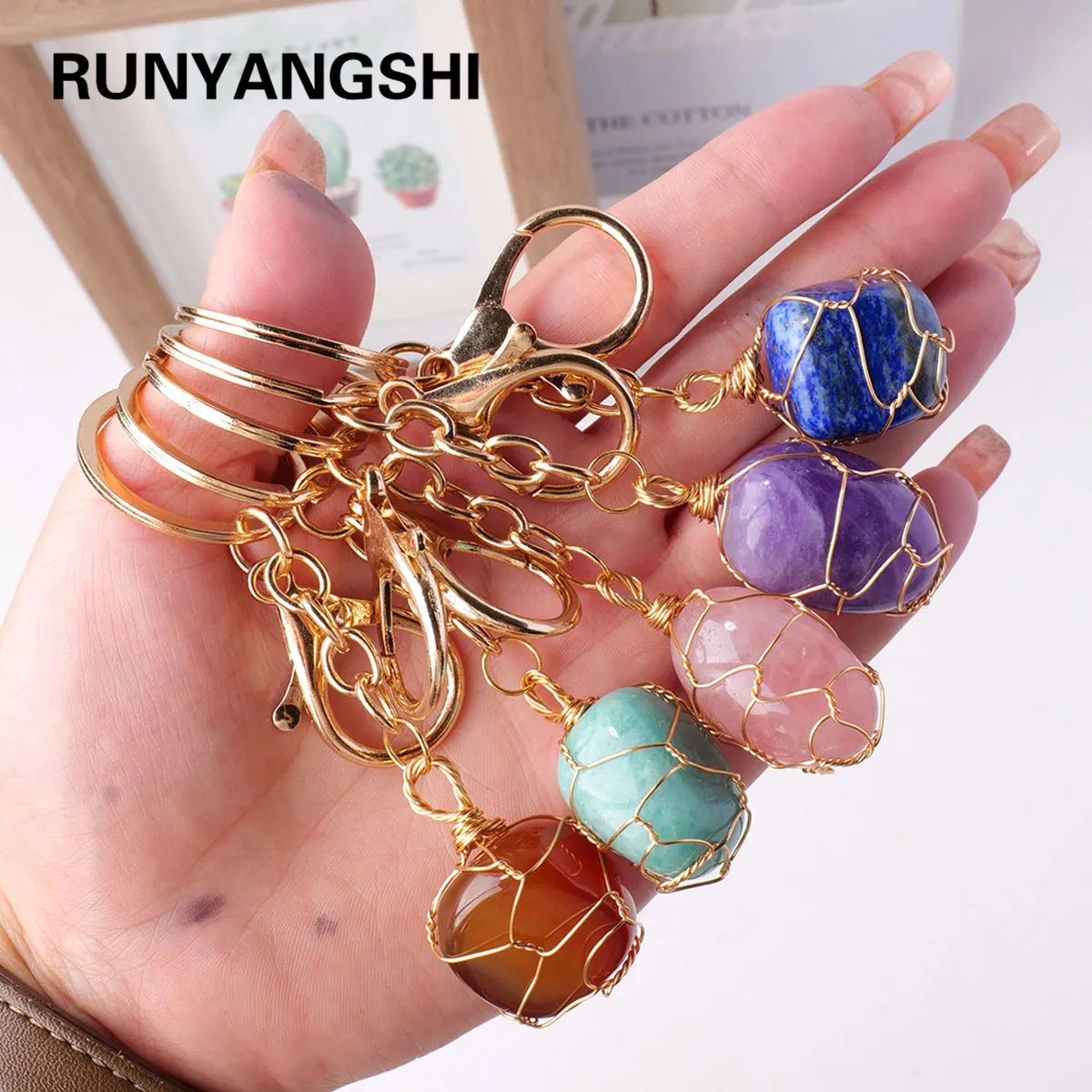 1PC Natural Gem Stone Keychains Clear Quartz Rolling Stones Amethyst Key Chain For DIY Car Key Rings Chains