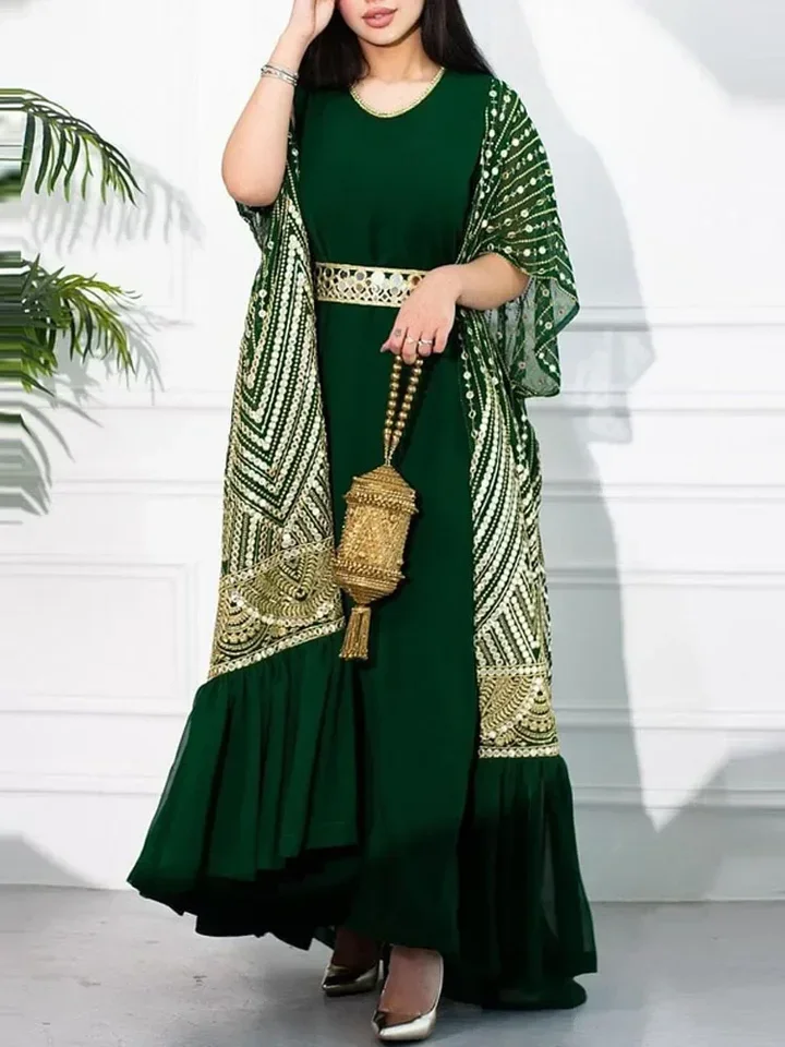 

Elegant Womens Long Dresses Lady Fashion Print Loose Party Dress Retro Casual Pleated Tank Dress Set with Bat Sleeve Cardigan