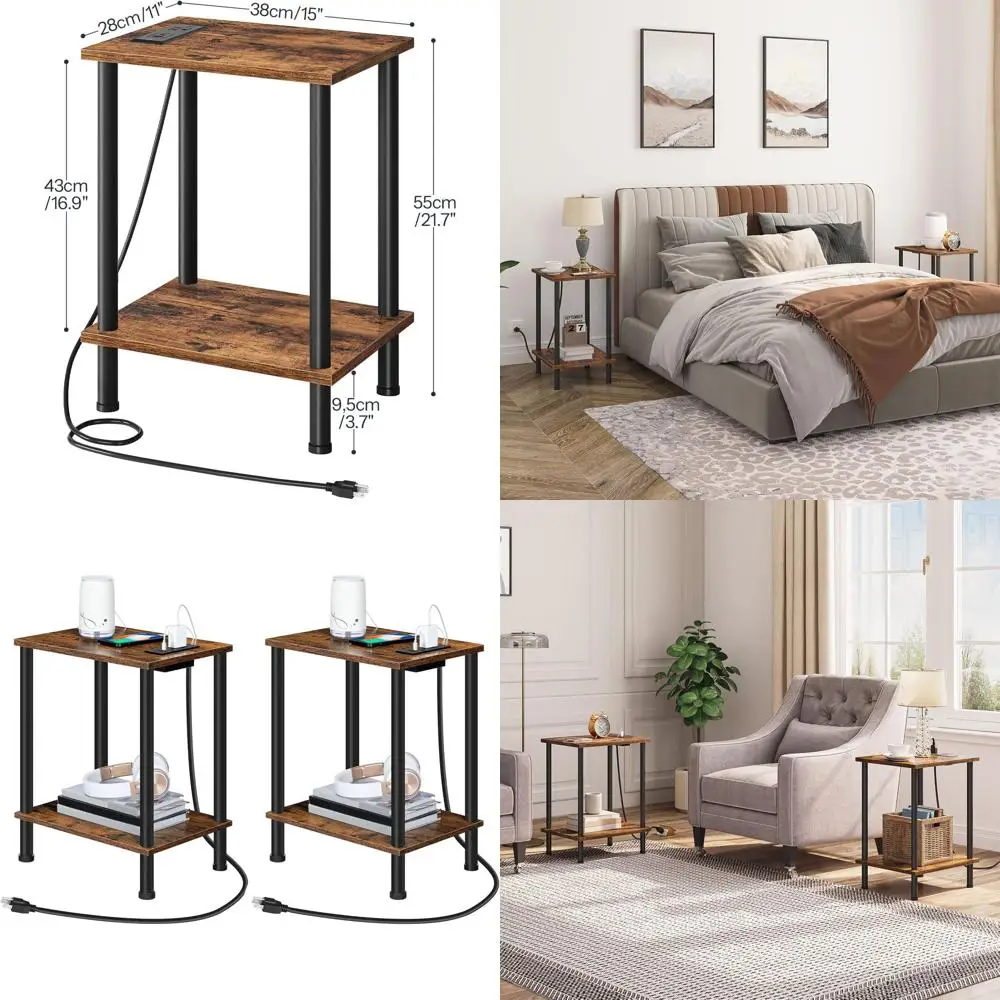 

Комплект из 2-х прикроватных тумбочек в деревенском стиле, коричневого цвета, с USB-зарядкой и розетками, для небольших помещений