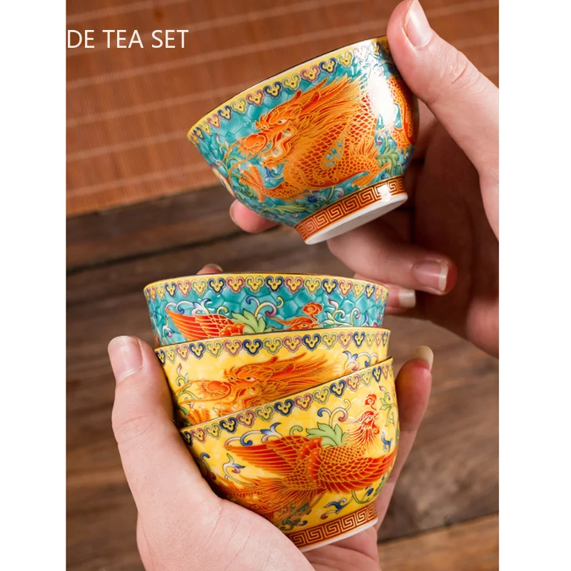 2Pcs High Quality Ceramic Teacup Enamel Color Dragon and Phoenix Pattern Tea Cup Boutique Individual Single Cup Tea Set Supplies