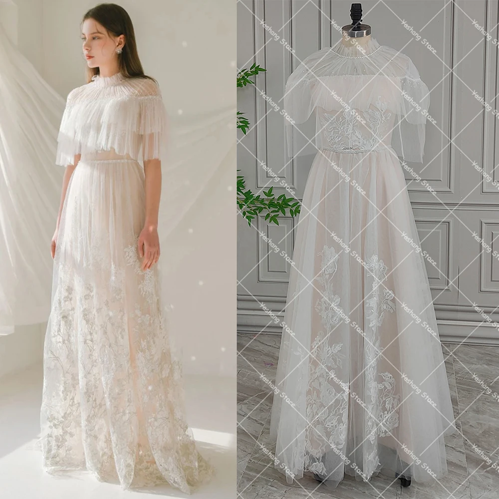 Fotos verdaderas Vintage Maxi cuello alto plisado vestido de novia de tul una línea personalizada mangas casquillo bordado encaje cuentas vestido de novia