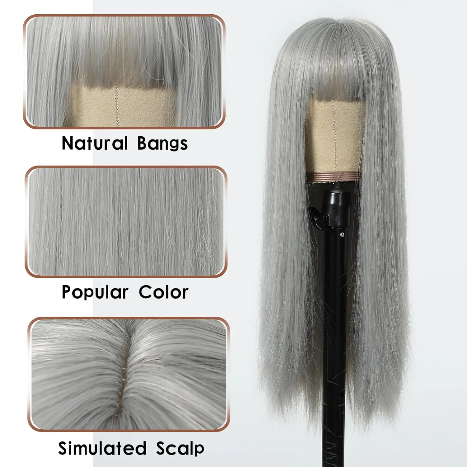 Peluca sintética plateada y blanca, flequillo recto naturalmente largo en la parte media de las mujeres, tocado resistente al calor para uso diario en fiestas