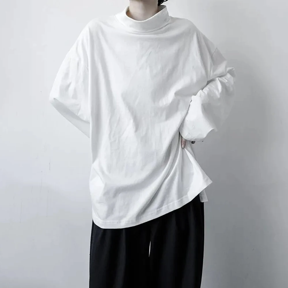 Mens Sports T-Shirt Patchwork Half High Neck Unisex T-Shirt Autumn Japanese Harajuku Style Individual Base Shirt Men's Clothing
