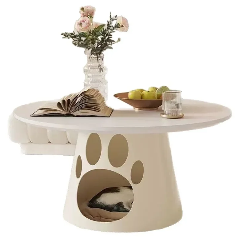 Moden Modern Round Coffee Table With Cat Nest Wrought Iron Wood Base Cream Style Pet Friendly Living Room Furniture