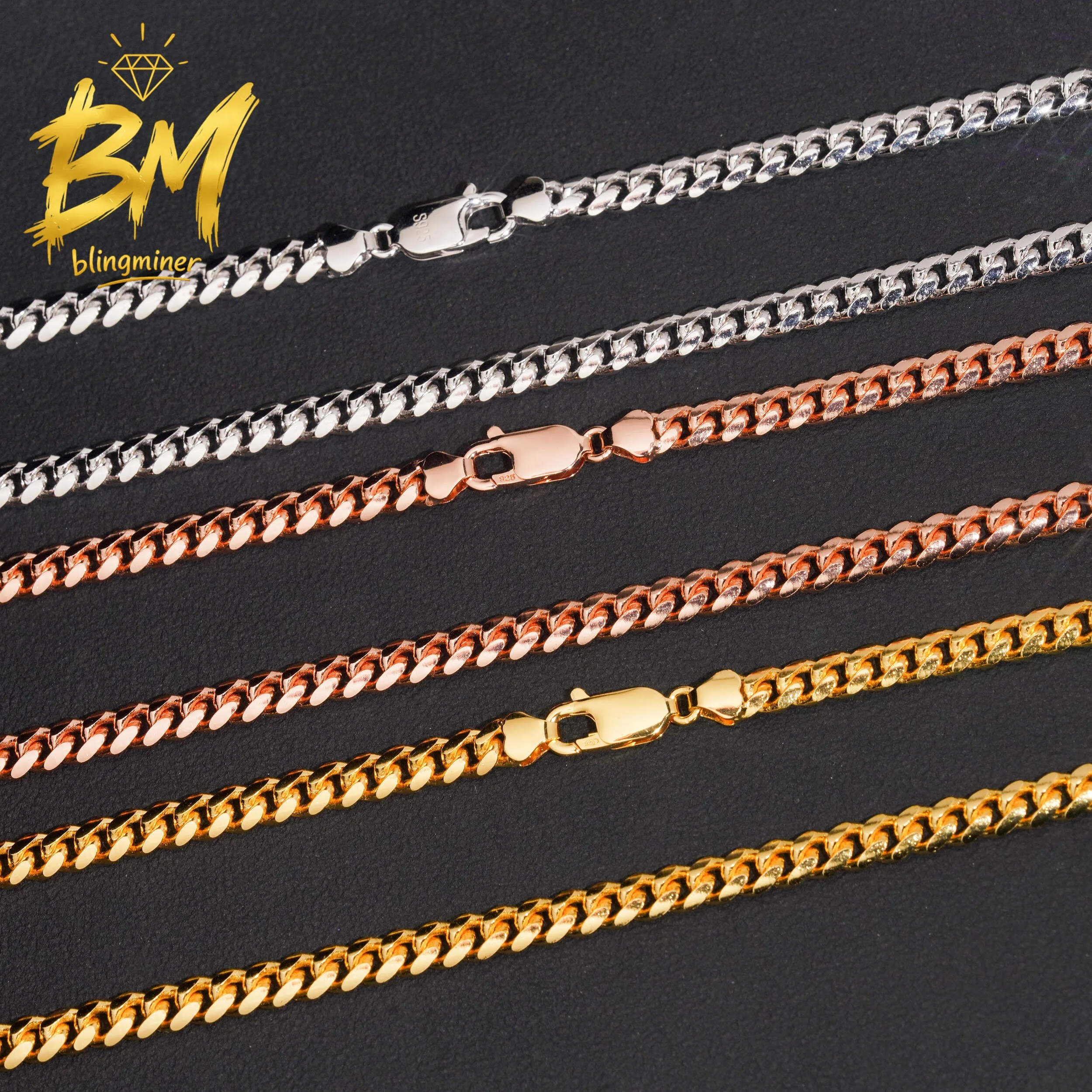 Blingminer Hip Hop Plain 5mm Miami S925 Silver Cuban Link Chain Iced Out Necklaces For Men S925 Silver Jewelry Free Shipping